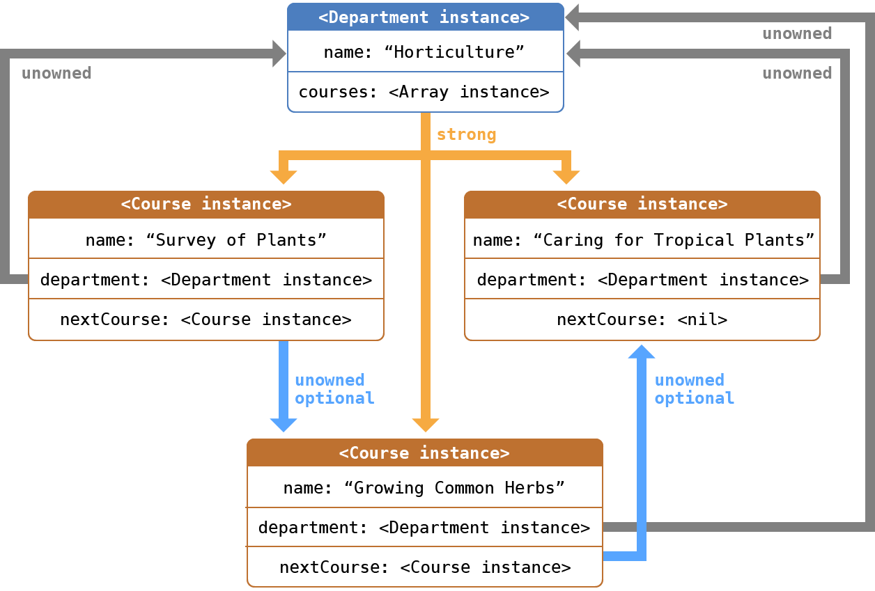 Diagram of unowned and unowned optional references between multiple class instances